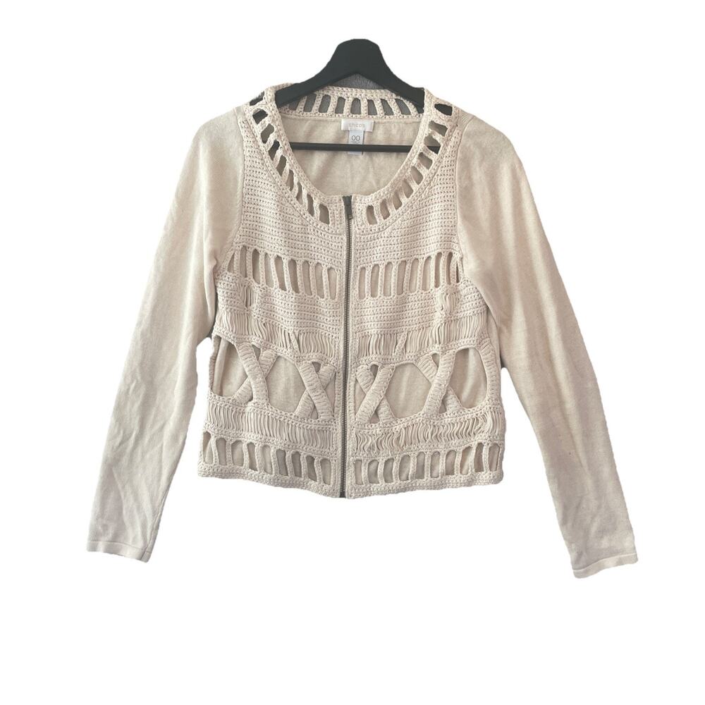 Chico’s Crochet Boho Linen Blend Knit Cardigan Cream Tan Women's Sweater Size 00